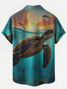 Men's Tropical Sea Life Button-Up Shirt With Turtles & Dolphins 3D Print - Short Sleeve Beachwear, Loose Fit Casual Summer Shirt In Blue-Green & Golden Hues, Machine Washable Suitable For Beach Outings & Summer Events - 彩色 - 查看 3