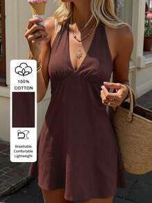 PoPoHouse Women's Elegant 100% Cotton Mini Dress Sexy Backless Tie Waist Deep V Neck Halter Dress For Summer Casual Beach Vacation Daily Commute Going Out Outfit Brown Dress - Brown - View 1