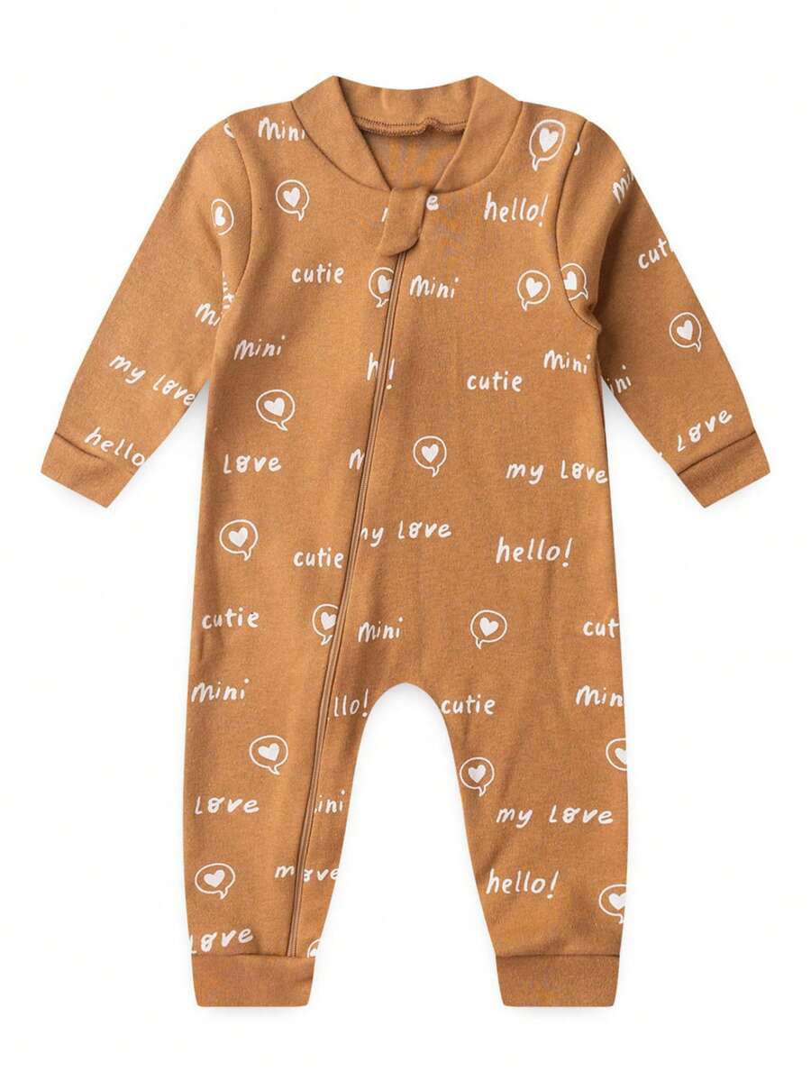 Baby Jumpsuit In Printed Suedine Fabric With Zipper (Newborn/Small/Medium/Large) - Rust Brown - View 1