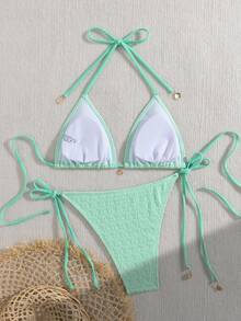 Bộ đồ bơi nữ kẻ sọc và gợn sóng xẻ tà, bikini gợi cảm, bikini phối màu thời trang cao cấp, bikini dự tiệc mùa xuân, bikini may đo tỉ mỉ, bộ bikini dây buộc cổ gợi cảm kiểu Âu Mỹ dành cho nữ, đồ bơi bán chạy cho kỳ nghỉ hè trên bãi biển. - Trái cây xanh - Xem 6