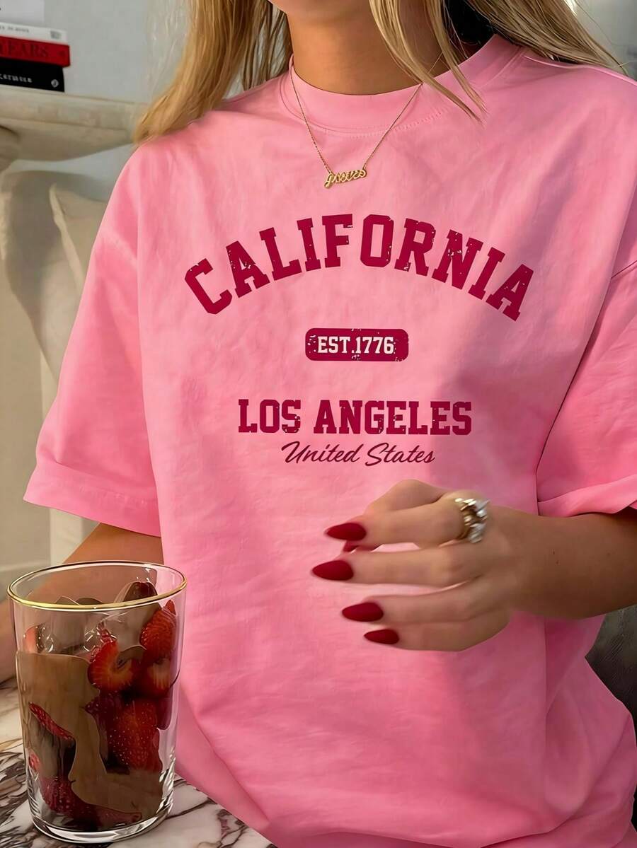 Women's Vintage California Los Angeles Graphic T-Shirt - Casual Round Neck, Short Sleeve, Cotton, Machine Washable, EST 1776 Print2025 - 粉色 - 查看 1