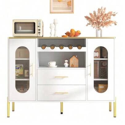 White Sideboard With Glass Doors And Wine Rack – Sideboard For Dining Room And Living Room – Adjustable Legs – Ample Storage Space And Modern Design