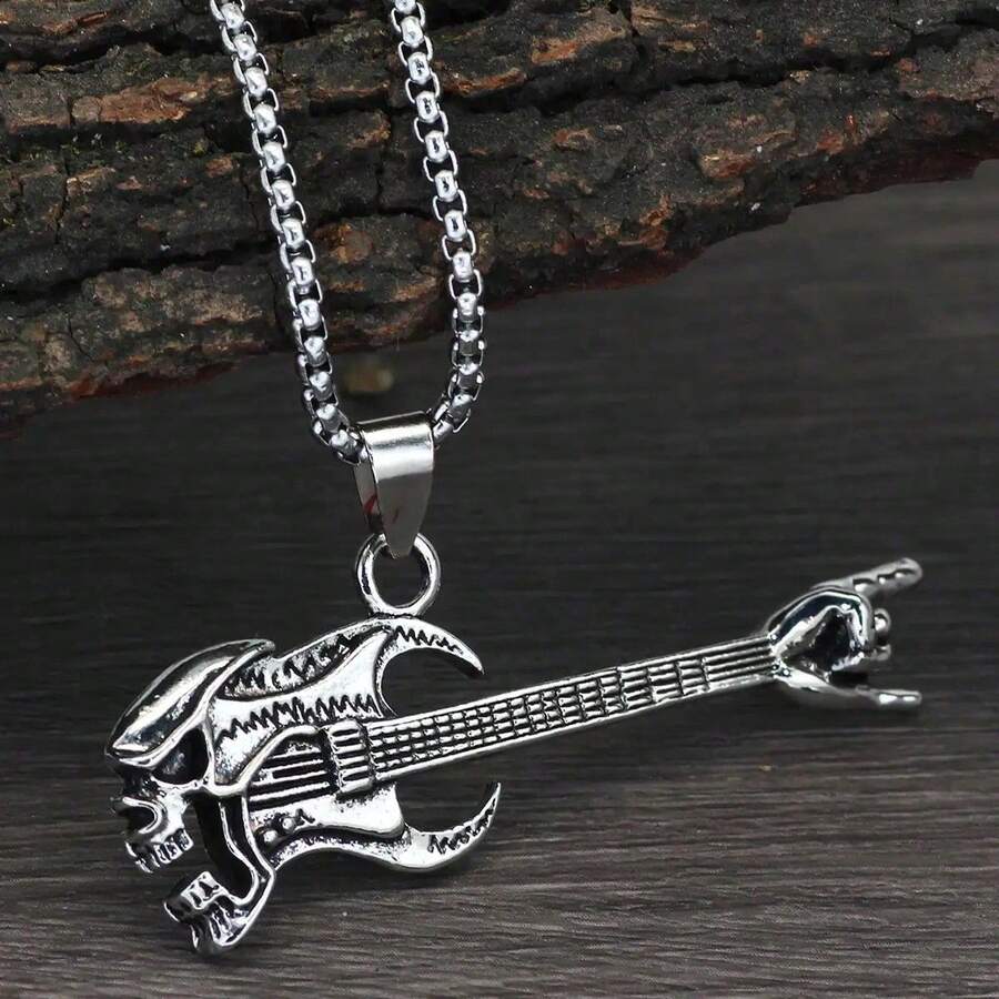 Punk Rock Skull Guitar Pendant Necklace - 銀色 - 查看 1