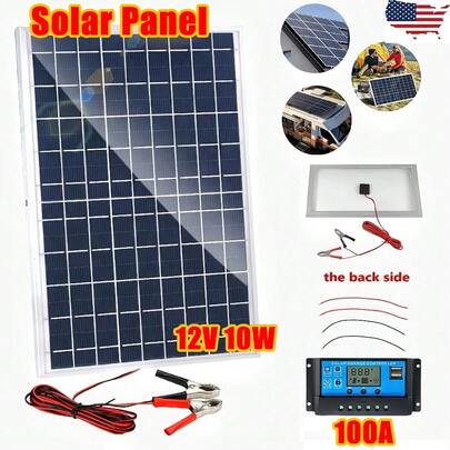 Solar Panel, 10W Portable Solar Panel Kit Set, 12V Polycrystalline Silicone With Solar Controller For Outdoor Activities, 335 X 200 Mm, IP65 Waterproof With Alligator ClipSolar Cell Solar Panel For Home Outdoor Camping, Travel