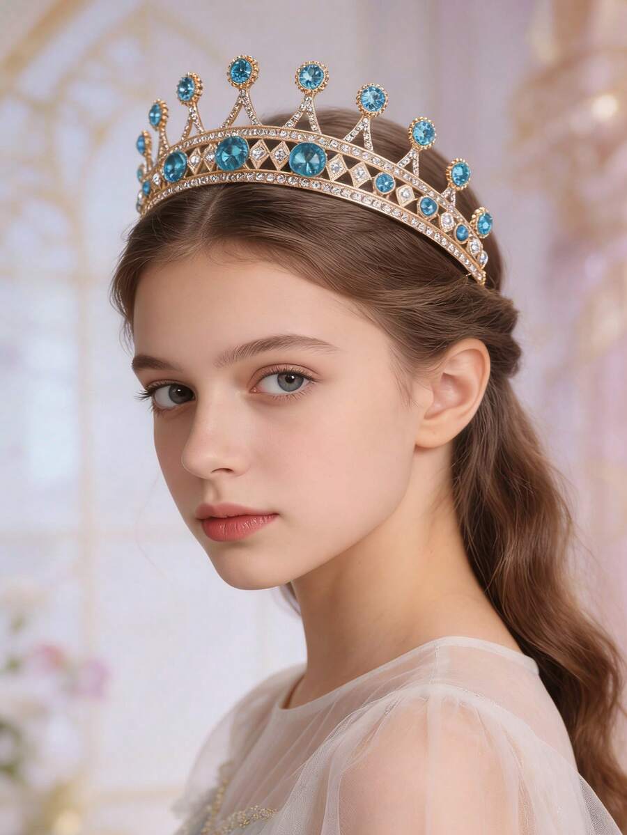 1pc European And American Bridal Bridesmaid Crown Headpiece, Alloy Rhinestone Hair Accessory For Evening Gown, Princess Style Hair Decoration - Blue - View 1