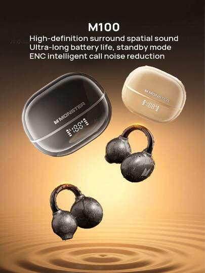 Monster M100 Bluetooth Earphones, Wireless Ear-Hook/Clip-On Style, Bluetooth 5.4, ENC Intelligent Noise Cancellation, Suitable For Running And Sports, High Sound Quality And Stylish Design, Compatible With Both Android And Apple Devices, LED Digital Display.