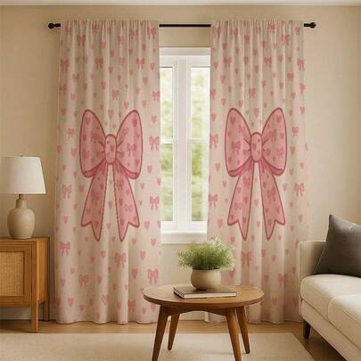 2 tấm rèm cửa màu hồng họa tiết nơ, chất liệu vải polyester có thể giặt máy, phù hợp cho phòng ngủ, phòng khách, nhà bếp, phòng ăn, cửa trượt, trang trí nội thất kiểu túi treo thanh rèm, bản vẽ 2D.