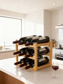 Estantería de pie de bambú para botellas de vino con capacidad de 9/12 botellas, diseño de 3 niveles con superficie superior, adecuado para almacenamiento de vino en cocinas, restaurantes y bares. - Multicolor - Ver 8