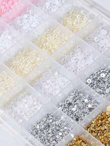 4500pcs/Box Half Round Flat Faux Pearl Nail Art Decorations, Assorted Size & Color (White, Gold, Silver, Beige) Nail DIY Accessories, Bulk Pack Nails Nail Supplies - Nhiều màu 2 - Xem 5