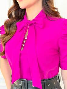 Women's Formal Blouse With Short Puff Sleeves And Bow No. 8 - 中紫紅色 - 查看 3