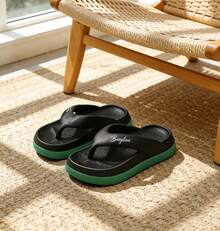 Women's Thick-Sole Flip-Flops – Color-Blocked Design, One-Piece EVA Soft Non-Slip Shock-Absorbing Sole, Letter Print, Cloud-Like Comfort, Ideal For Home, Beach & Vacation, Fashion Slipper Item - 黑色 - 查看 5