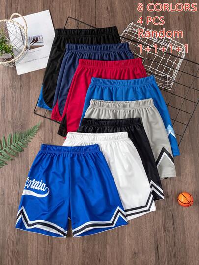 4pcs/Set Random 8 Colors Striped Elastic Waist Sports Shorts For Boys, Suitable For Daily Training, Basketball Shorts