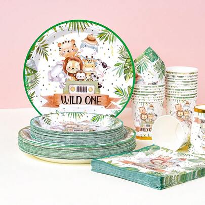 1st Birthday Animal Pattern Disposable Tableware Set, 7/9 Inch Party Plates, Disposable Paper Plates, Cups, Napkins, Suitable For Holidays, Weddings, Engagements, Birthdays, Parties, Celebrations