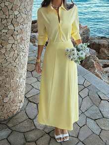 Conjunto de 2 piezas de camisa elegante casual y falda de cintura de unicolor para mujer, adecuado para citas, San Valentín, cumpleaños, cenas, ir al trabajo y otras ocasiones de primavera - Amarillo - Ver 8