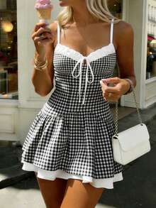女士优雅时尚约会/度假撞色黑白格纹褶皱胸部迷你连衣裙 夏季 - 黑與白 - 查看 3