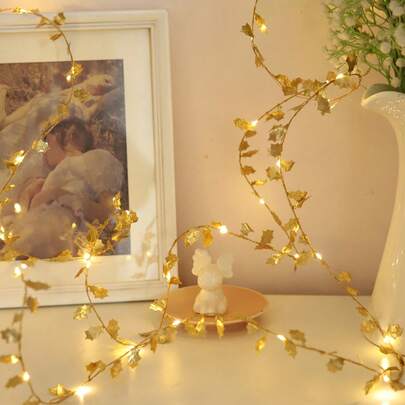 1pc 20LED 2M Gold Leaf & Butterfly LED Copper Wire Fairy String Lights, Decorative Lighting For Party, Event, Corridor, Railing