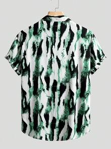 男士扎染印花单排扣休闲短袖衬衫 - 綠色 - 查看 2