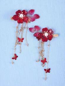 2pcs Chinese Style Pomegranate Flower Tassel Hair Clips, Cute & Sweet, Gift For Women, Suitable For Casual Everyday Wear, Claw Clips, Hair Claws, Hair Slide, Hair Barrettes, Hair Accessories, Head Accessories, Hairpin - 酒紅色 - 查看 8