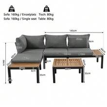 Garden Lounge Set (2 Two-Seaters, 2 Side Tables, 1 Table), Solid Acacia Wood Tabletop, Fabric Backrest Cover, Grey (Previous Sku:HW00005AAE) - Grey + Iron - View 2