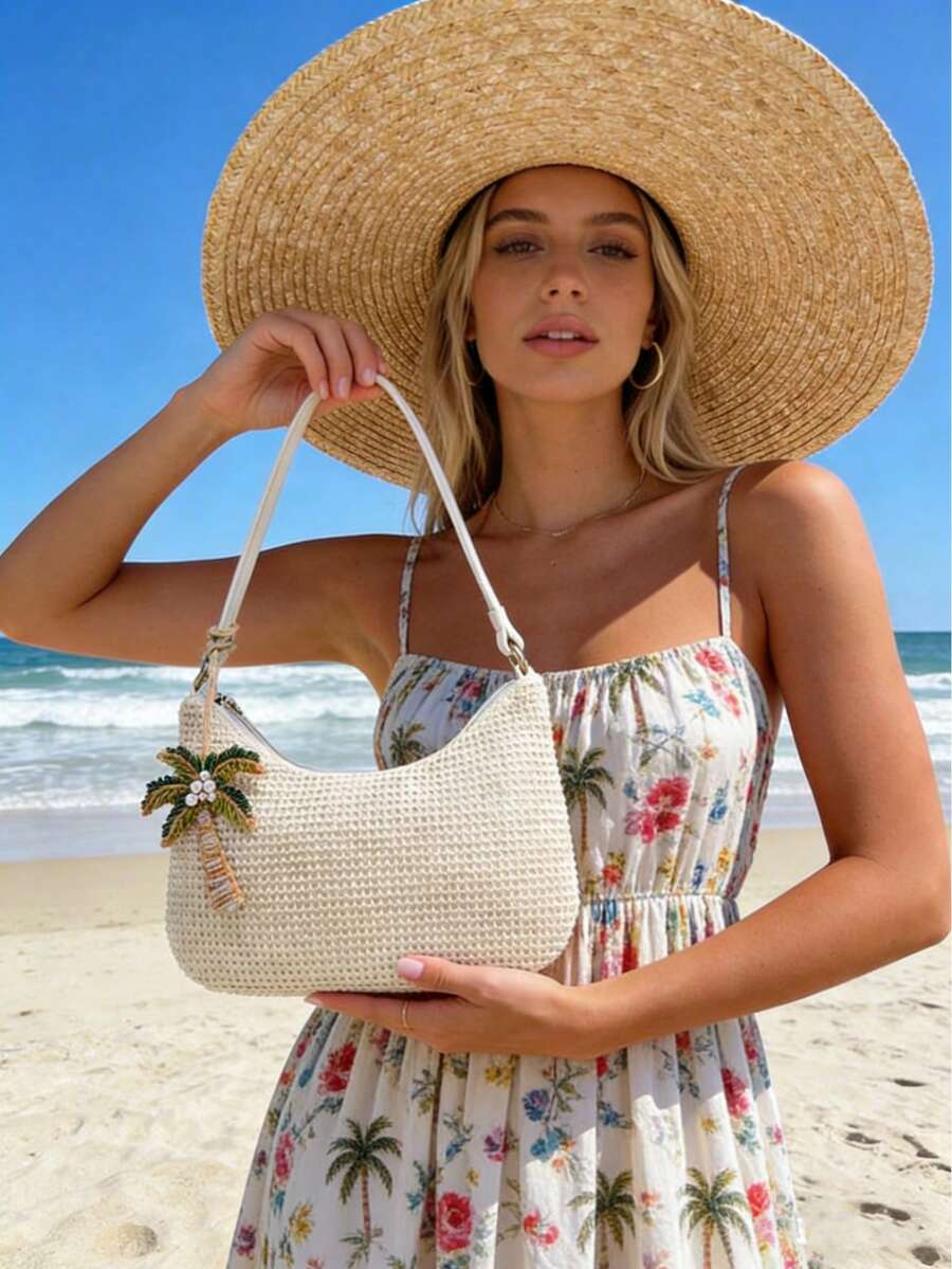 Túi xách nữ một vai dệt nhỏ, hiệu Novachic, kiểu dáng tối giản với họa tiết đan rơm, mặt dây chuyền hình động vật biển, mặt dây chuyền đính hạt, dây xích hình sao biển, túi mùa hè, phong cách nghỉ dưỡng, túi đeo vai có khóa kéo, túi xách tay, túi tua rua, thích hợp sử dụng hàng ngày, đi nghỉ mát, thiết kế cổ điển. - Màu be - Xem 1