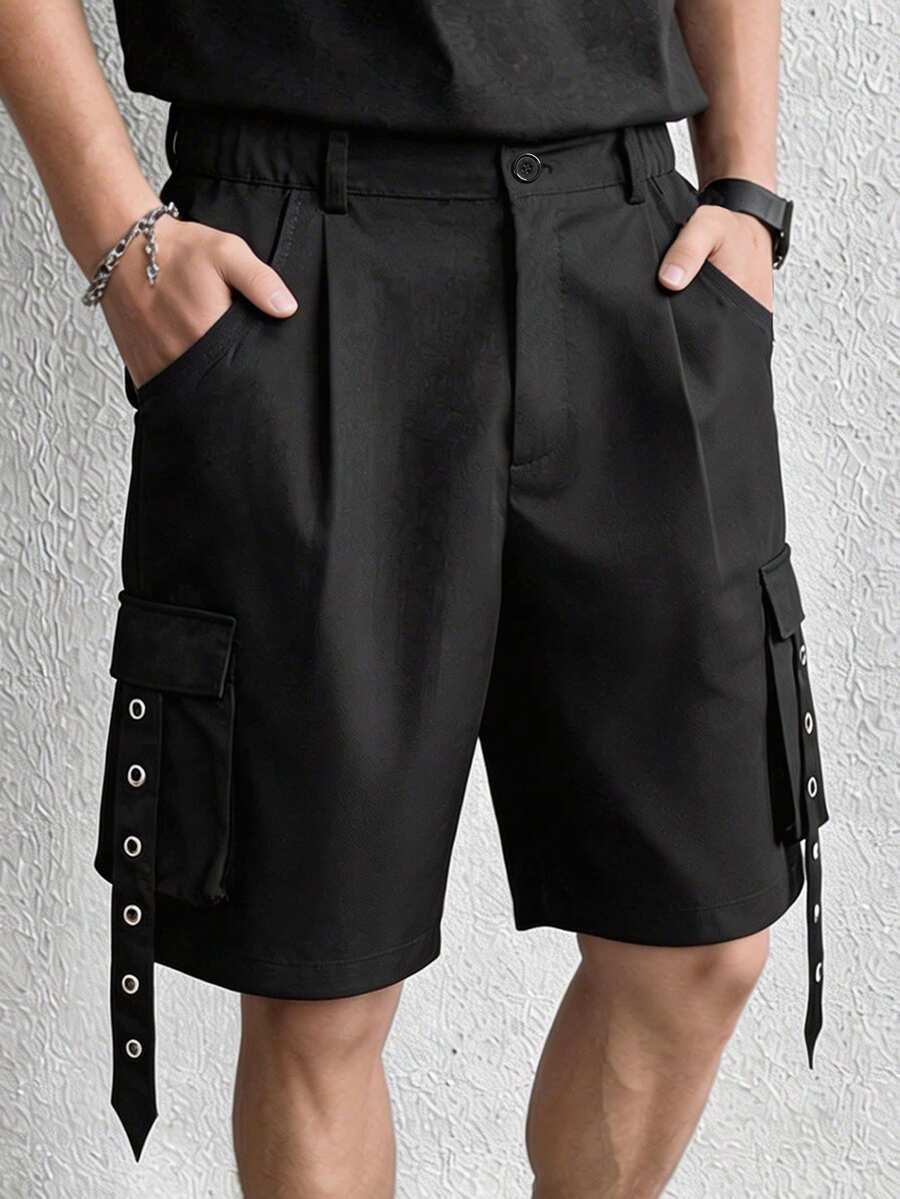 男士黑色工装短裤，带扣带装饰，多口袋哥特街头风休闲短裤 - 黑色 - 查看 1