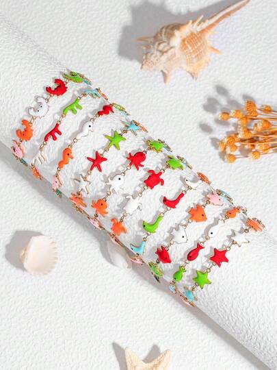 夏季假日不锈钢珐琅可爱彩色海洋生物手链，包括鱼、海星、螃蟹、海豚、海龟等图案，男女童款，随机颜色，友谊手链配饰，派对礼物