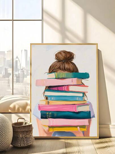 1pc Modern Cute Girl With Stack Of Books Poster, Book Lover Art Print, Reading Illustration Print For Library Or Study Room, Festival Gift, The Ideal Gift For Friends, Bedroom Art Print, Living Room Decor, Office Decor, Kitchen Wall Art, Bathroom Decor, Wall Arts, Wall Decor, Home Decor, Room Decor, Canvas Wall Art, Posters, Wall Art With Frame, Optional Frame ﻿ ﻿ ﻿ ﻿ ﻿ ﻿ ﻿ ﻿