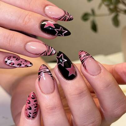 Bộ 24 móng tay giả acrylic kiểu dáng Y2K dễ thương, hình dáng trung bình dài, màu hồng mắt mèo, họa tiết da báo, ngôi sao, kèm 1 gel dán và 1 dũa móng, phù hợp cho phụ nữ/bé gái sử dụng hàng ngày và các buổi tụ họp ngày lễ, phụ kiện làm móng cho các bữa tiệc theo chủ đề.