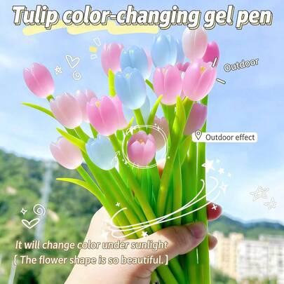 3/5/10 Pcs Vibrant Tulip Theme Ballpoint Pens - Color Changing, Black Ink, Cute Floral Pattern - Ideal For Office & School Supplies, Perfect Gift