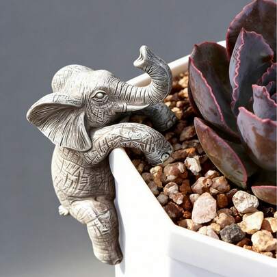 1个可爱攀爬大象花盆抱枕树脂悬挂杯大象雕像装饰，适用于家居花园围栏阳台露台草坪庭院雕塑和雕像