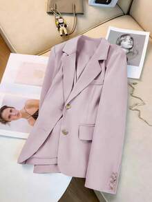 Blazer elegante de diseño con botones de unicolor para mujer talla grande, primavera - Púrpura malva - Ver 3