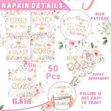 M50Pcs Congrats Grad Party Napkins - Floral Graduation Party Decorations Pink Class Of 2026 Graduation Paper Napkins For College High School Party PliesN - 粉色 - 查看 6