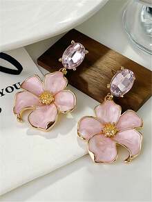 2件套时尚甜美轻盈奢华水滴粉色花朵耳环吊坠，适合日常佩戴或节日装扮，可作礼物。 - 彩色 - 查看 1