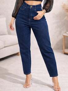 Women's Mom Jeans, High Waist, Shaping, Premium, Comfortable, Loose-Fitting, Casual, Blogger Style - 中等水洗藍 - 查看 14