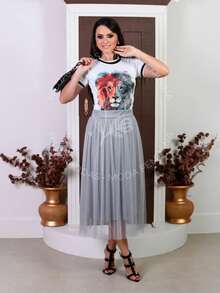 Elegant Sparkly Tulle Midi Skirt With Ruching, Perfect For Women's Stage, Concert, Festivities, And Conferences. - 灰色 - 查看 2