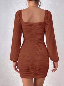 Women's Summer Dress Elegant Square Neck Lantern Long Sleeve Mini Pleated One-Piece Dress Stretch Mesh Slim Dress - Caramen - Xem 5