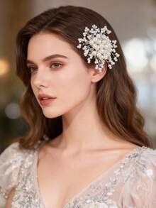 1pc Elegant White Faux Pearl Hair Comb, Bridal Wedding Headpiece - White - View 1