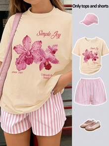 2pcs/Set Orchid Print T-Shirt & Striped Shorts Set For Teen Girls, Soft Comfortable Cute Summer Outfit - Apricot - View 1