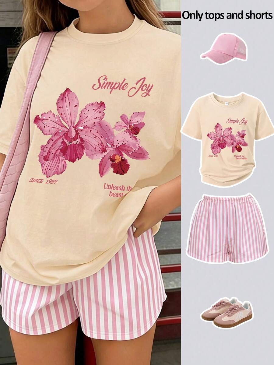 2pcs/Set Orchid Print T-Shirt & Striped Shorts Set For Teen Girls, Soft Comfortable Cute Summer Outfit - Apricot - View 1