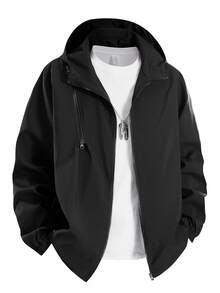 Men's Casual Black Hooded Jacket, Lightweight Outdoor Jacket - Black - View 3