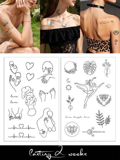 2 Stück minimalistische Linienkunst Kräutersaft Halb-permanente abstrakte Gesichts-, Hände-haltende, Blumenzweig-, Bienen-, Herzschlag-Linie Tattoo Aufkleber, 7-14 Tage wasserfest, nicht reflektierend für Alltag, Party, Urlaub Verwendung auf Arm, Bein, Handgelenk, Ohr, Schulter, Hals, Schlüsselbein