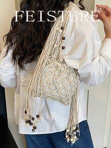 波西米亚风木珠流苏编织网袋 - 女士休闲沙滩度假单肩包 - 白色 - 查看 8