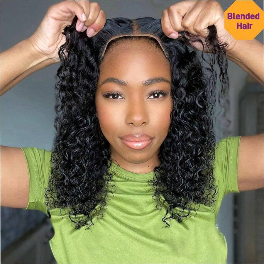 14英寸蓬松卷曲波波头假发，5x5/4x4预剪式无胶蕾丝前额闭合假发，女士款，13x4/13x6高清蕾丝前额假发，短款波波头卷发，即戴即走，耐热合成混纺人发假发，带婴儿发，深波浪造型，无胶设计，180%密度，10英寸-34英寸预剪蕾丝可选，适用于4x4/5x5。