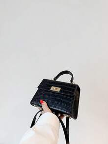 Lightweight,Business Casual Mini Crocodile Embossed Twist Lock Flap Square Bag For Teen Girls Women College Students,Rookies & White-Collar Workers Perfect For Office,College,Work ,Business,Commute,Outdoors, Travel, Outings, Animal Print Women Bag - màu đen - Xem 7