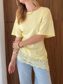 Nueva llegada Blusa de punto larga con bajo asimétrico y encaje en contraste, adecuada para la playa, uso diario, vacaciones, escuela, fiesta de cumpleaños, casual de verano - Amarillo - Ver 6
