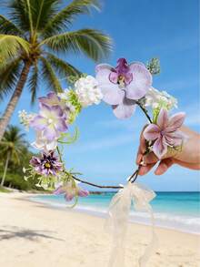 1pc Floral Wreath, Realistic Ruched Rose Bud, Hydrangea, Crabapple Flower Headband, Adjustable Satin Ribbon, Suitable For Beach, Photography, Fairy-Like Hair Accessory - Purple - View 4