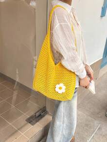 大容量钩编单肩手提包 - 轻便多功能针织涤纶手提包，米色、浅蓝色、棕色、黑色可选，适合旅行、海滩、度假和日常使用，大容量手提包，沙滩包 - 芥末黃 - 查看 9