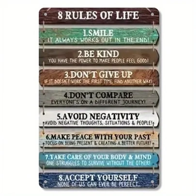 1件套“人生八法则”金属墙饰 - 复古铁艺8条人生格言标牌，带编号，经久耐用，适用于家居、办公室、花园装饰 - 励志礼物