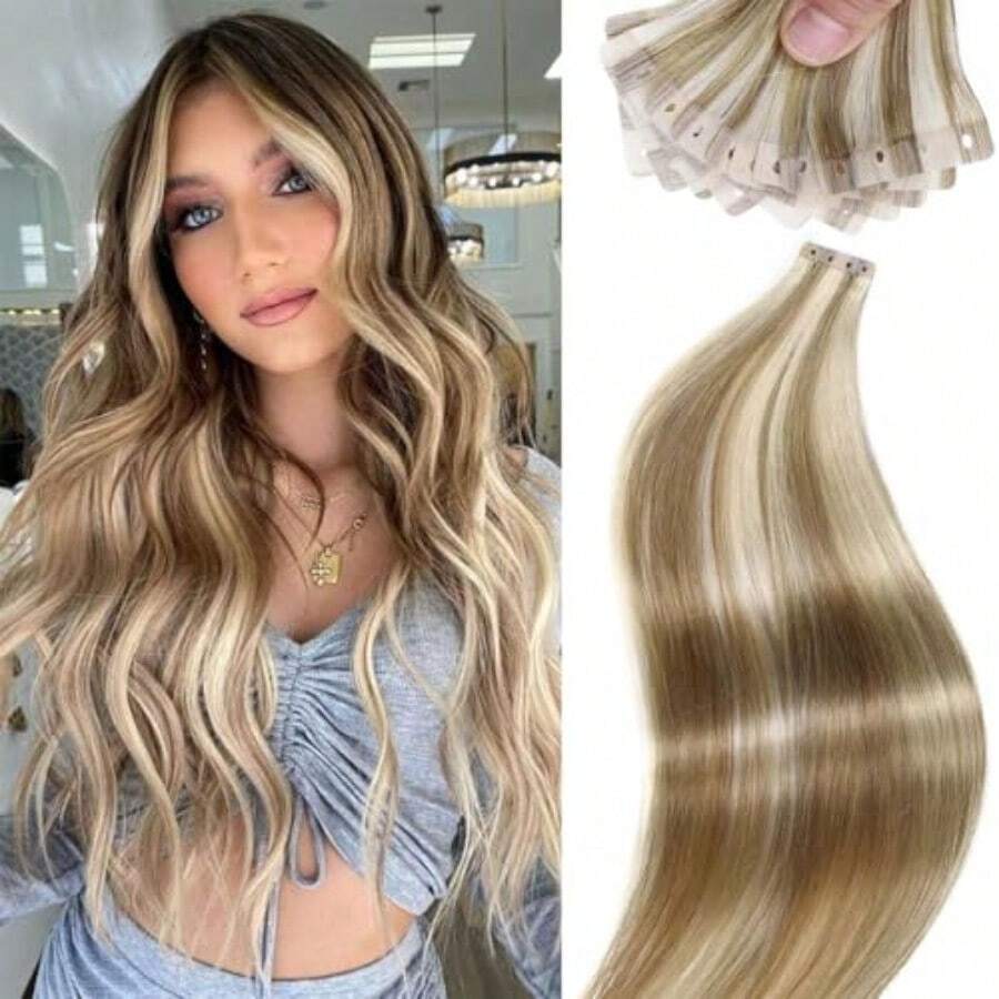 MFANCEE OVO Hair Extensions Real Human Hair PU Holes Wefts With Micro Beads Blonde Highlight Volume Upgrade Butterfly Seaml Weft Invisible Beaded Hair Extension With Tools 40g 20Pcs 16 InchN - 金色挑染 - 查看 1