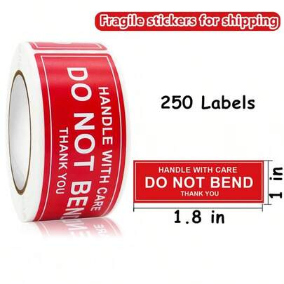 250 Labels/Roll, 1.8 X 1 Inch Handle With Care Fragile Do Not Bend Thank You Warning Packing Shipping Label Stickers Permanent Adhesive